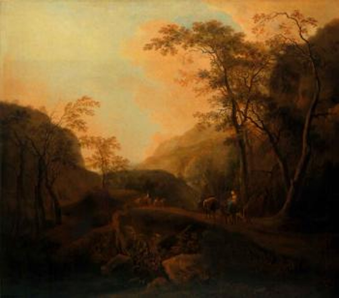 Italianate landscape with travellers on a wooded mountain path by Isaac de Moucheron