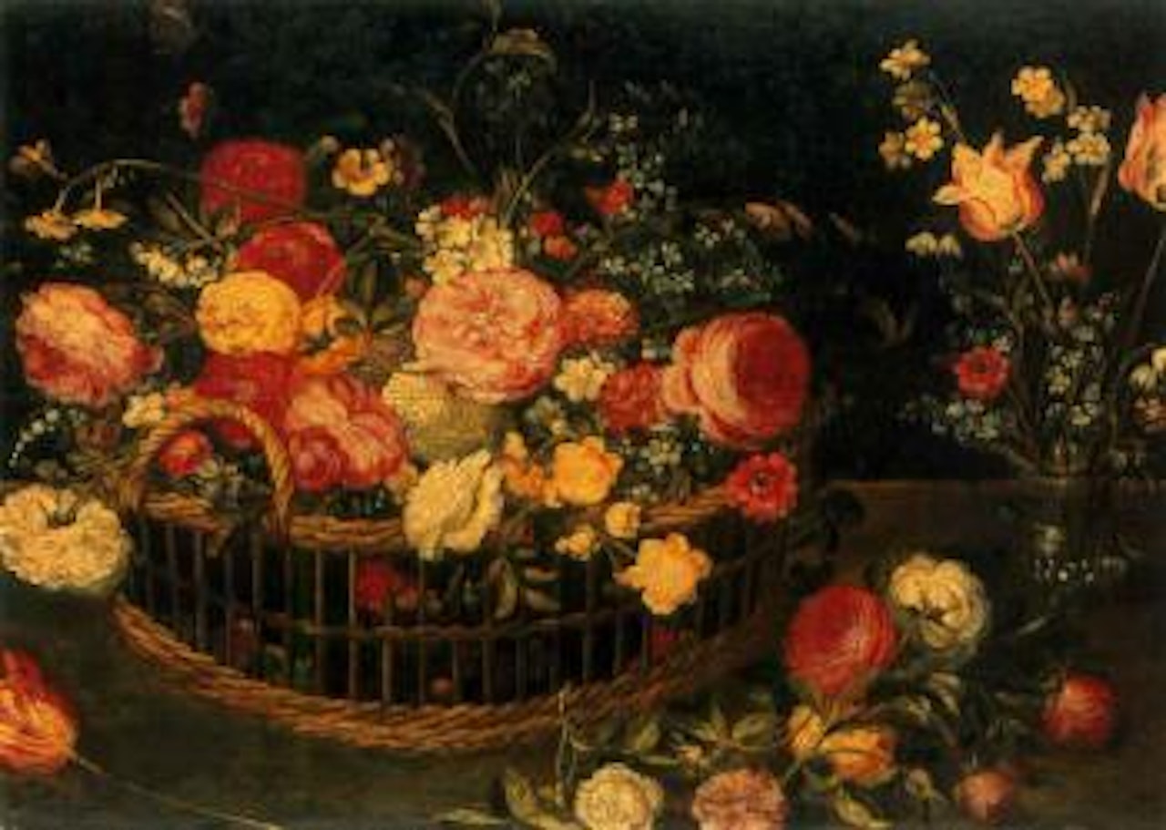 Roses, carnations and other flowers in a basket, with tulips and narcissi in a vase on a table by Jan Brueghel the Younger