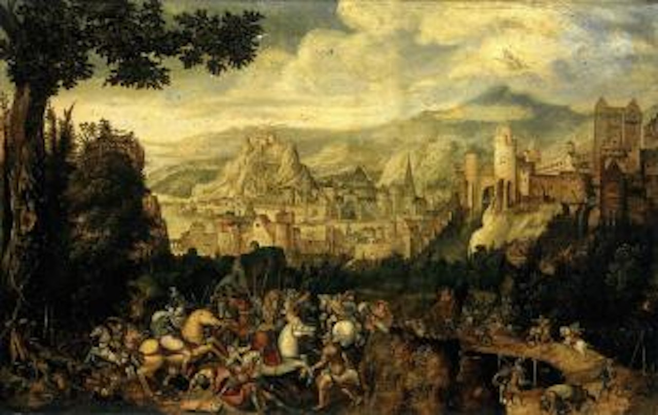 Landscape with the conversion of Saint Paul on the road to Damascus by Herri met de Bles