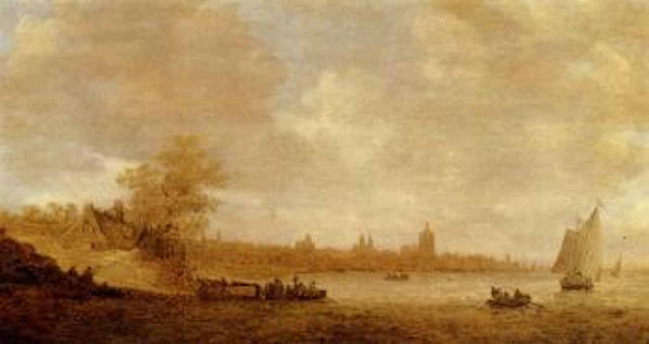Cattle ferry and other shipping on the Rhine, with the city of Arnhem beyond by Jan van Goyen