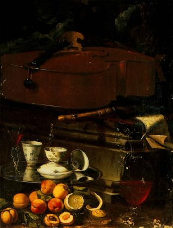 Porcelain cups and a facon de venise glass on a salver by Cristoforo Munari