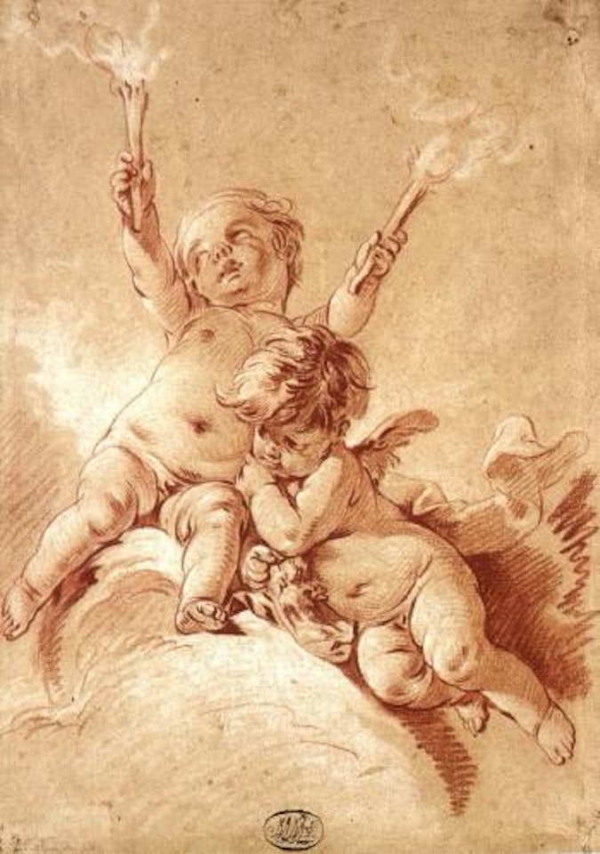 Two putti among clouds, one holding torches by Francois Boucher