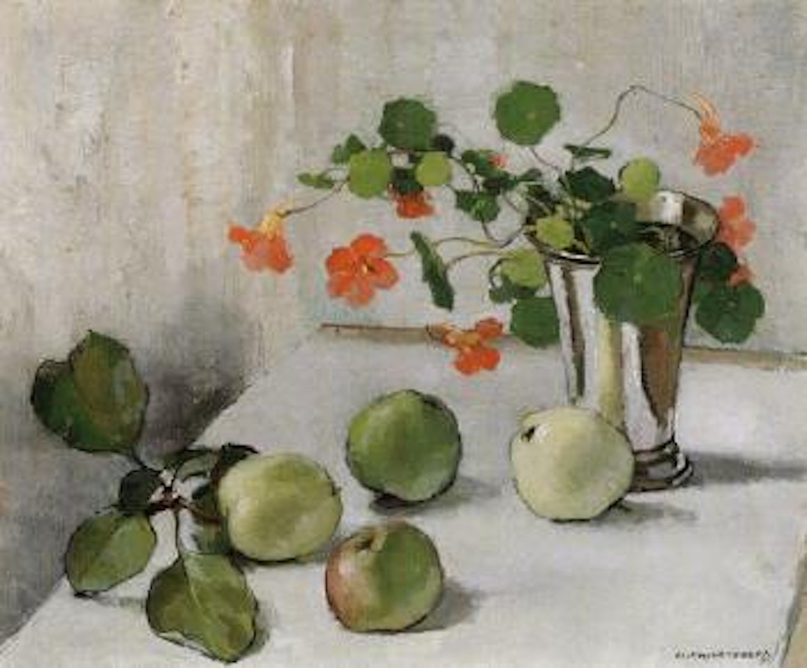Still life of flowers in silver vase with apples by Olle Hjortzberg