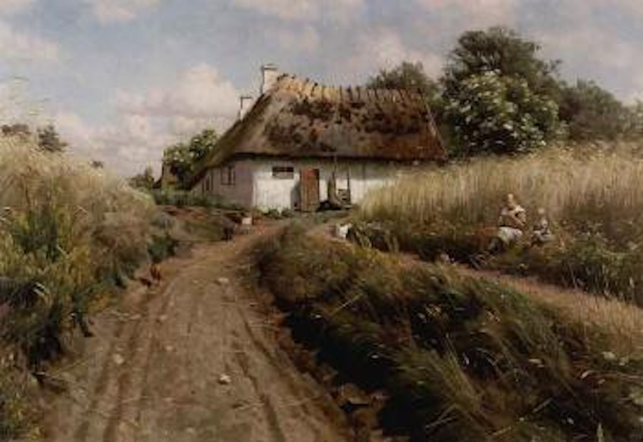 Country road with children and chickens by Peder Mork Monsted