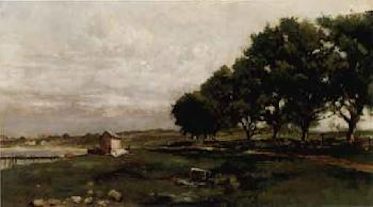 Summer landscape with buildings and figures by Walter Moras