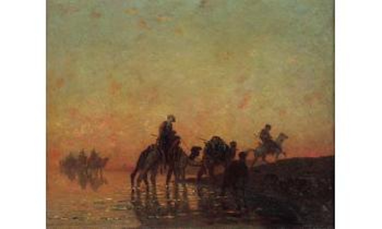 Caravane au soleil couchant au bord de l'Oued by Narcisse Berchere
