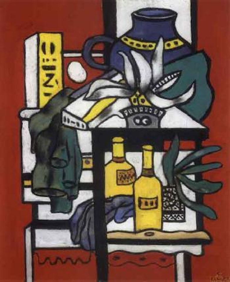 Deux bouteilles jaunes sur un fond rouge by Fernand Leger
