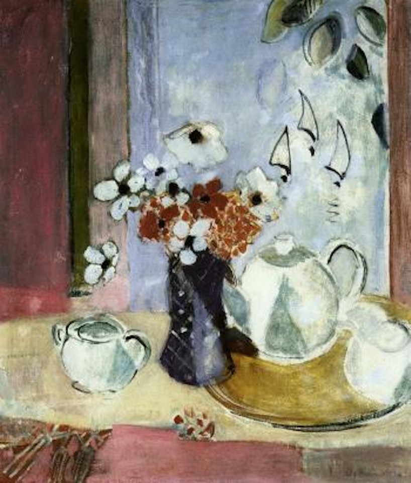 Still life with tea service and anenomes by Oskar Moll