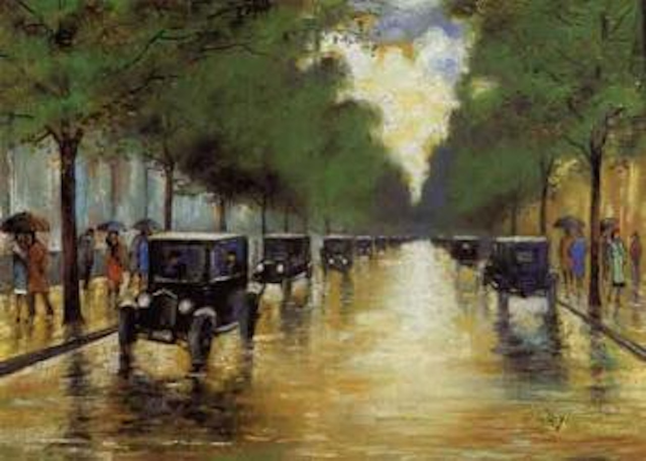 Berlin street with cars in rain by Lesser Ury