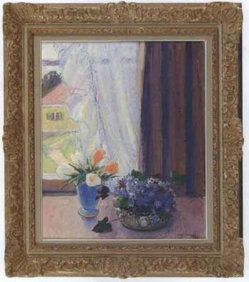 Spring flowers by window by Olle Hjortzberg