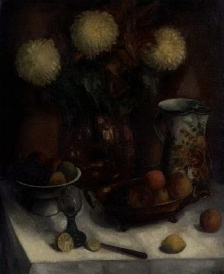 Still life with chrysanthemums and fruit by Arnout Colnot