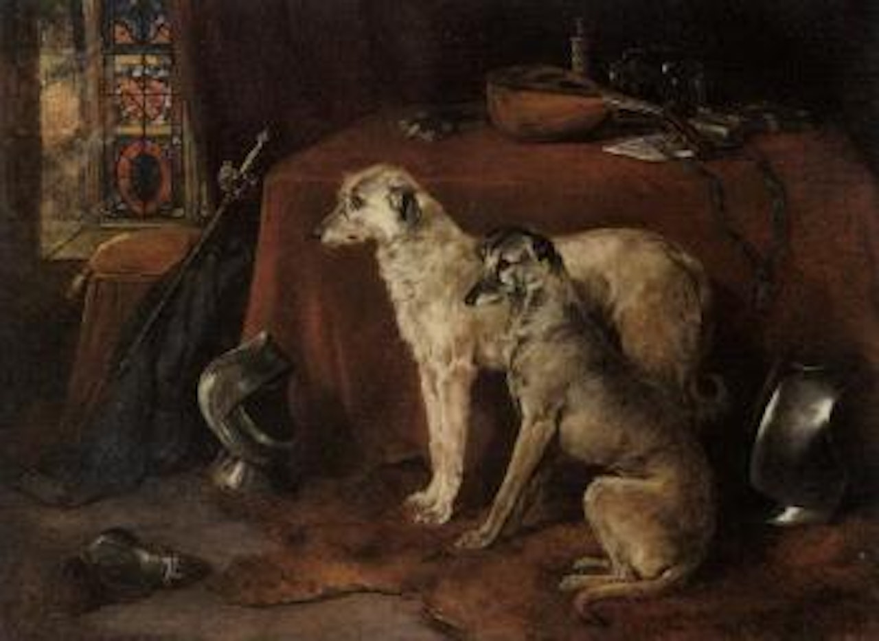 Deerhounds in an interior by Heywood Hardy