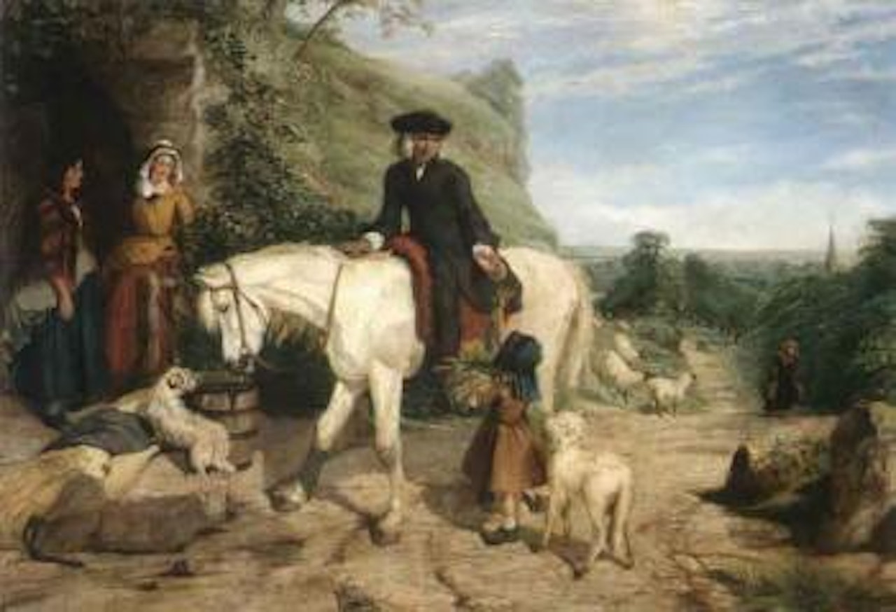 Man on horse outside cottage by Richard Ansdell
