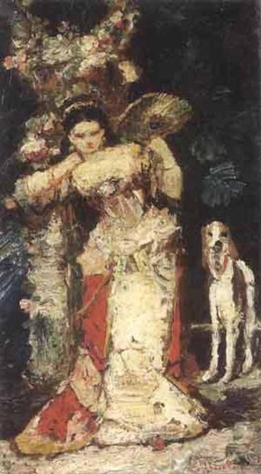 Woman with dog by Adolphe Monticelli