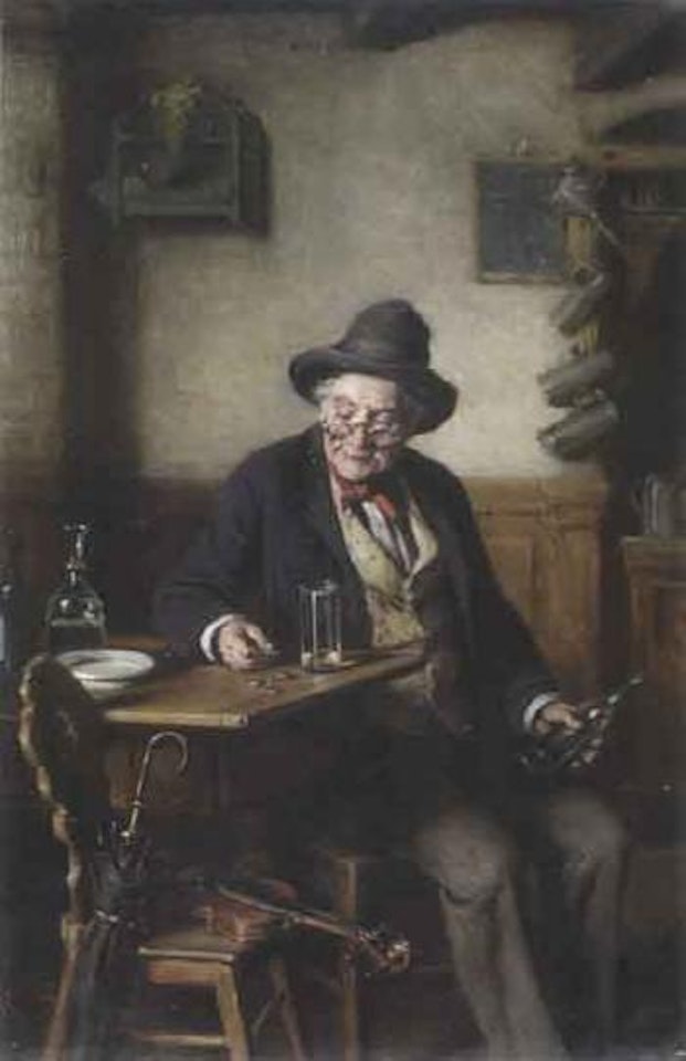 Old fiddler drinking in tavern by Hermann Kern