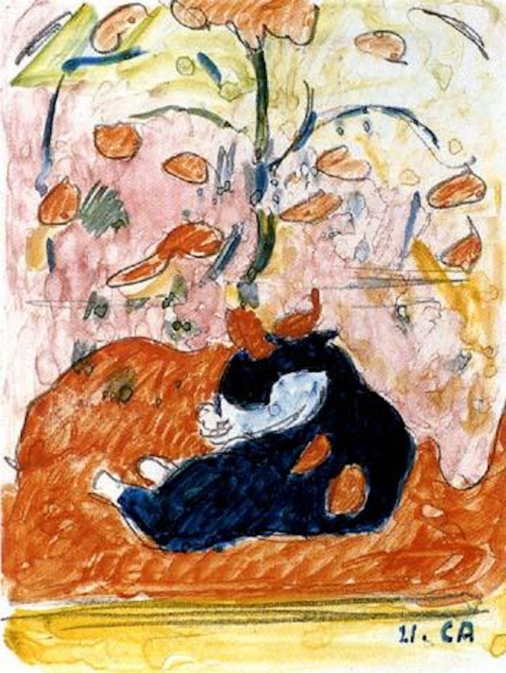 Cat sleeping under rose bush by Cuno Amiet