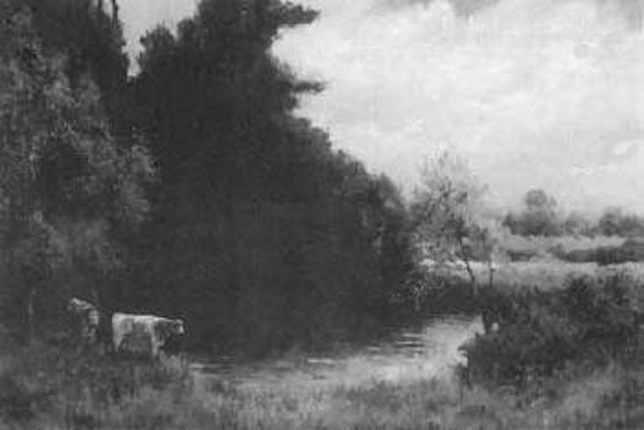Suffolk landscape with cattle beside a pool by Campbell Mellon