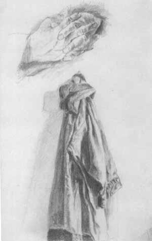 Study of clasped hands and morning coat on peg by Adolph Menzel