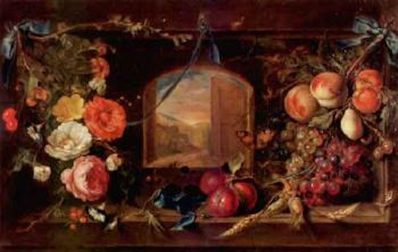 Flowers and fruit round window by Abraham Mignon