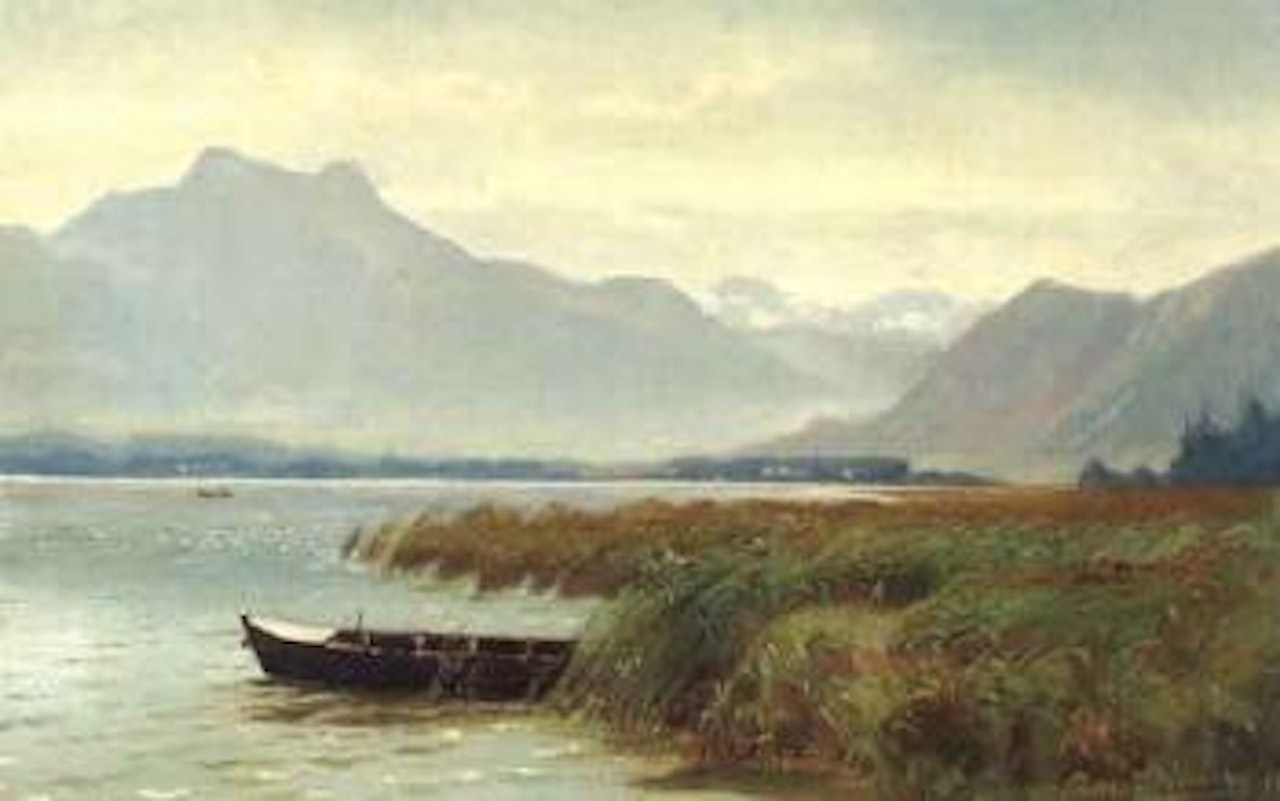 View of Chiemsee with reeds, boat and distant mountains by Anders Andersen-Lundby