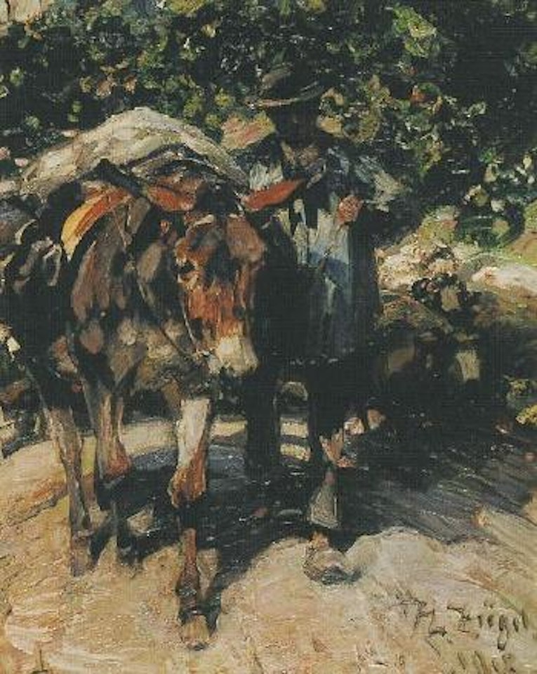 Shepherd with herd and pack-ass by Heinrich von Zugel