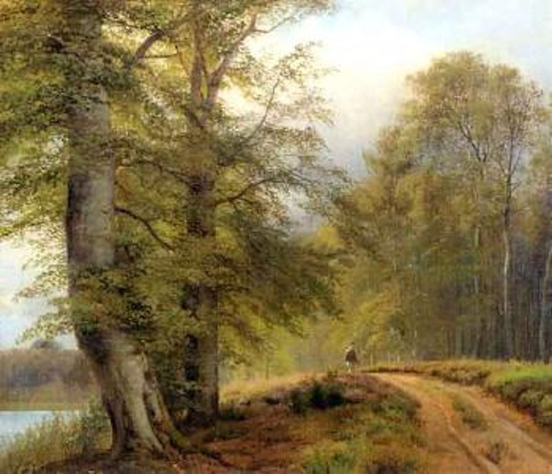 Spring forest near water with a walker by Anders Andersen-Lundby