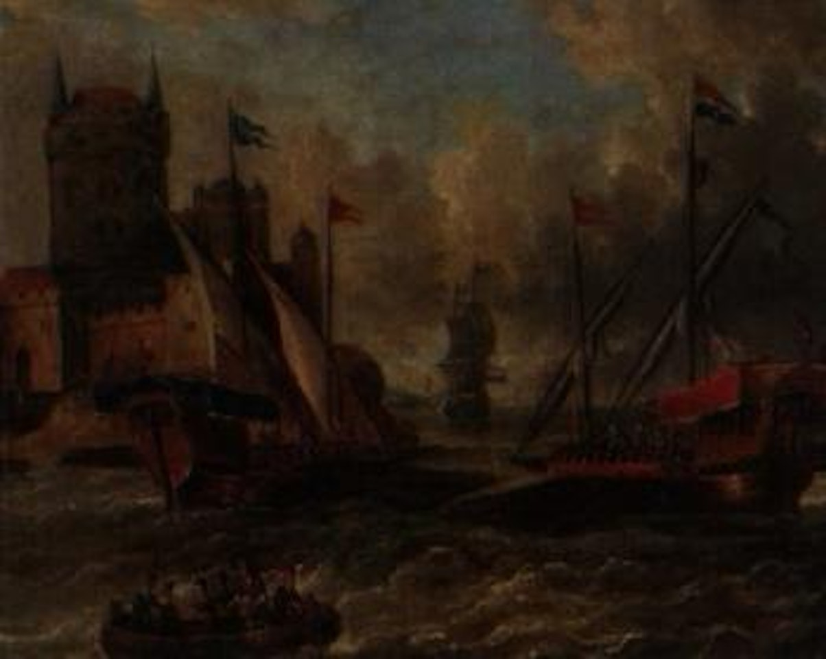 Galleons and other shipping in choppy waters, by a city gate by Pieter van de Velde