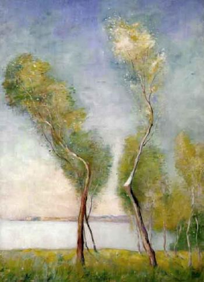 Trees on lake shore by Lesser Ury