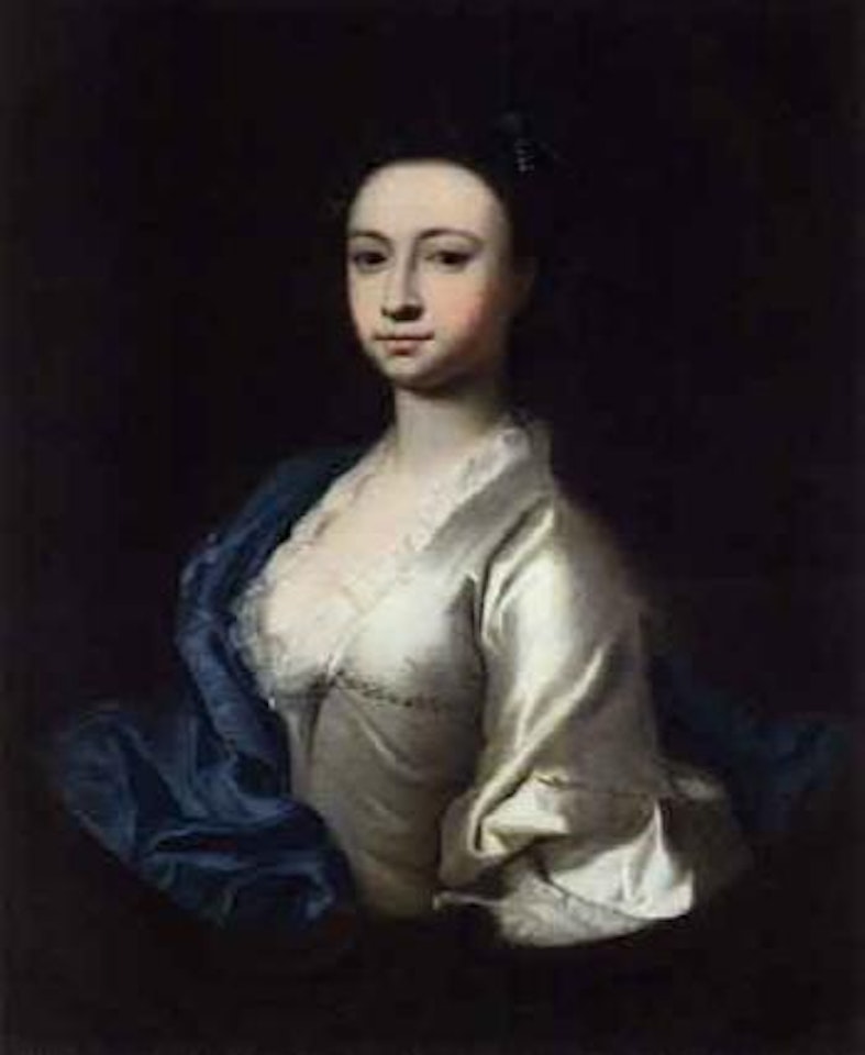 Portrait of a lady wearing a white dress and blue shawl by Thomas Hudson