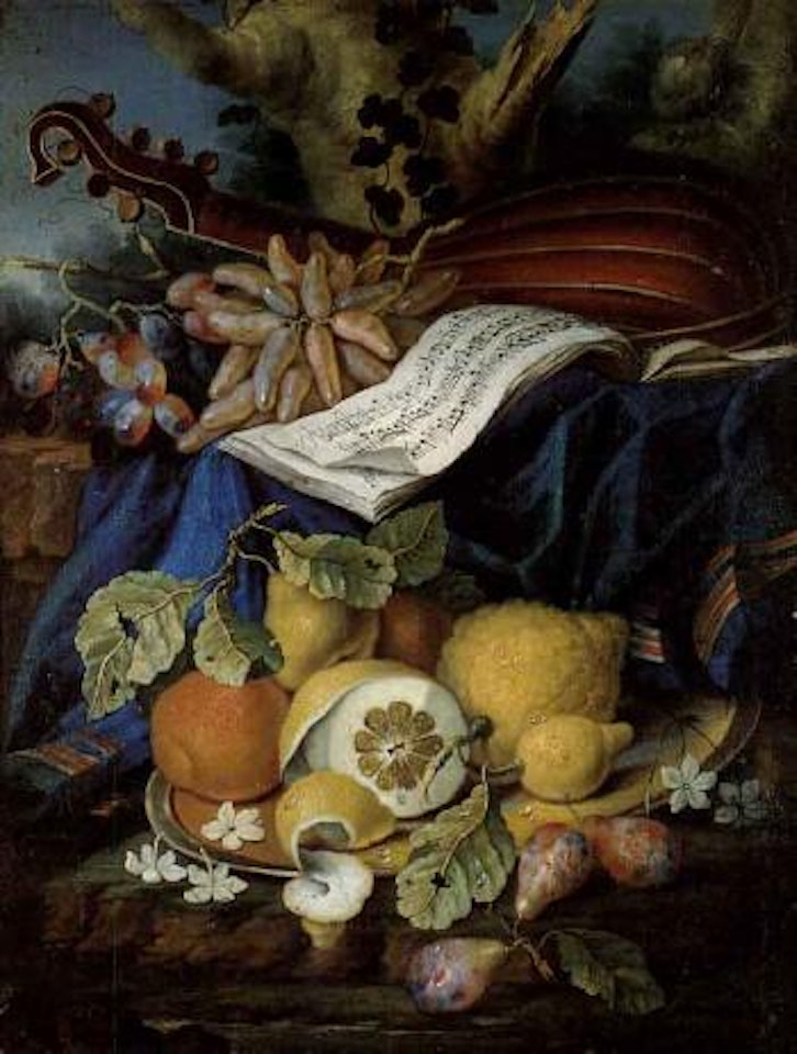 Still life of fruit and musical instruments by Cristoforo Munari