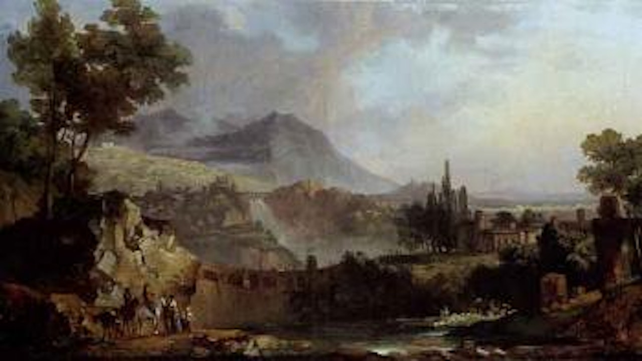 Paysage de la campagne italienne avec des figures pres d'un plan d'eau by Simon Denis