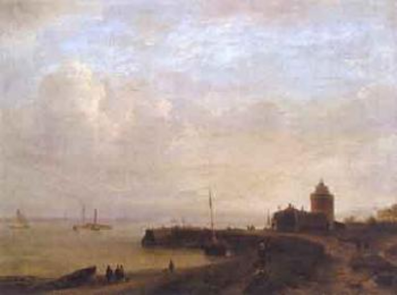 Seaside landscape with steamboat by Russian School