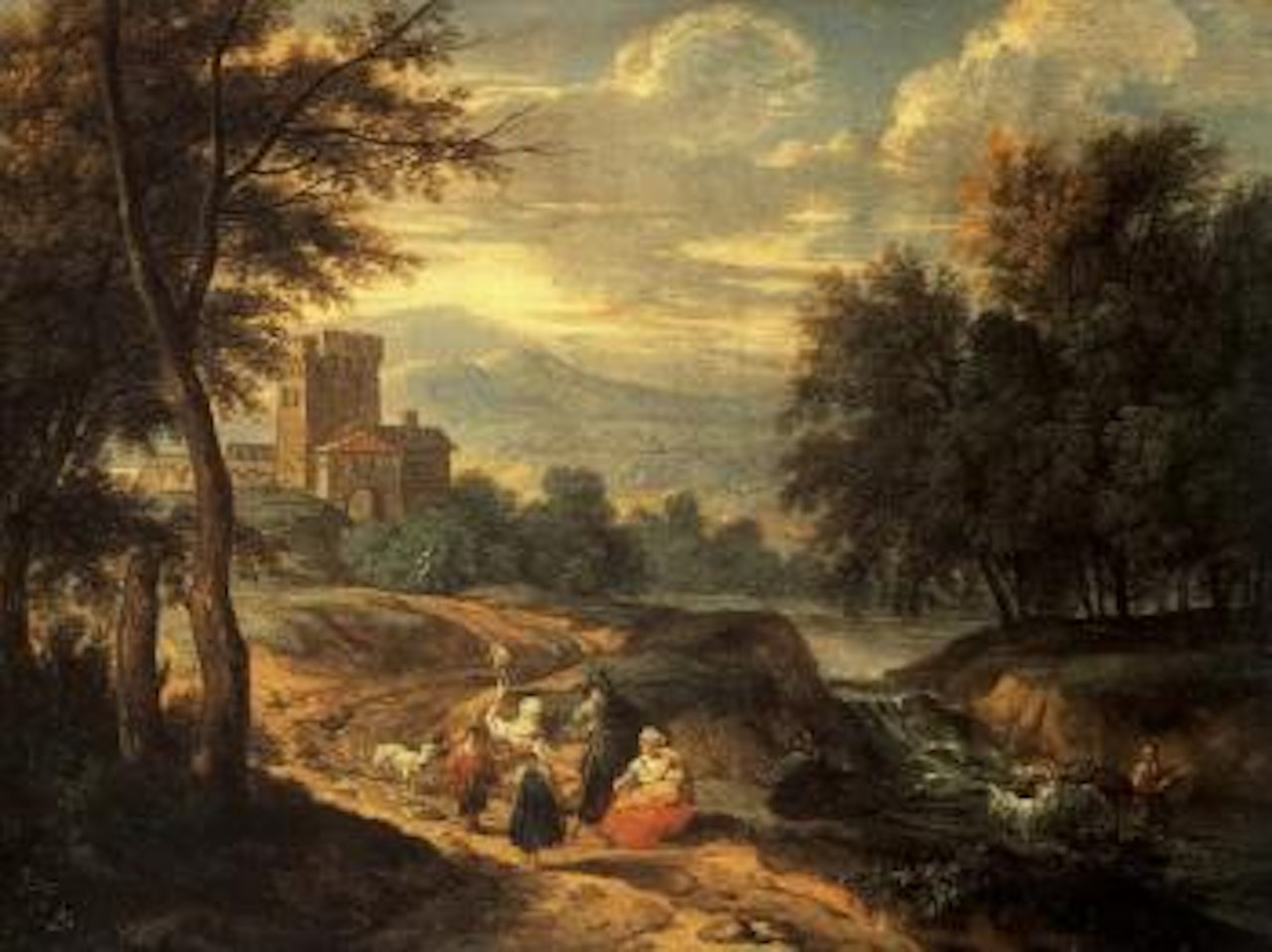 Wooded landscape with travellers resting on a path by a waterfall by Adriaen Frans Boudewyns by Pieter Bout
