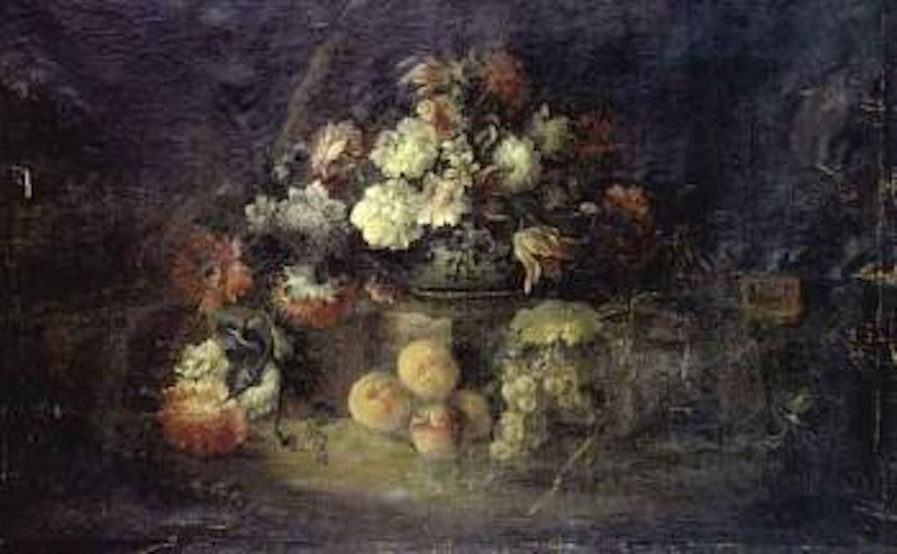 Nature morte a la coupe de fleurs, de raisin et de peches by Italian School