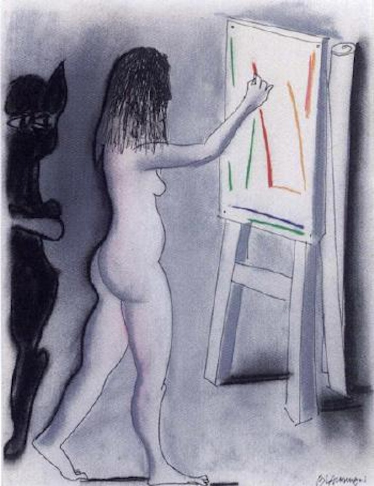 Artist with watching cat by Charles Blackman