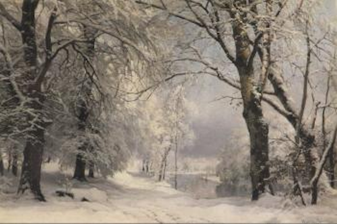Winter landscape with river through wood by Anders Andersen-Lundby