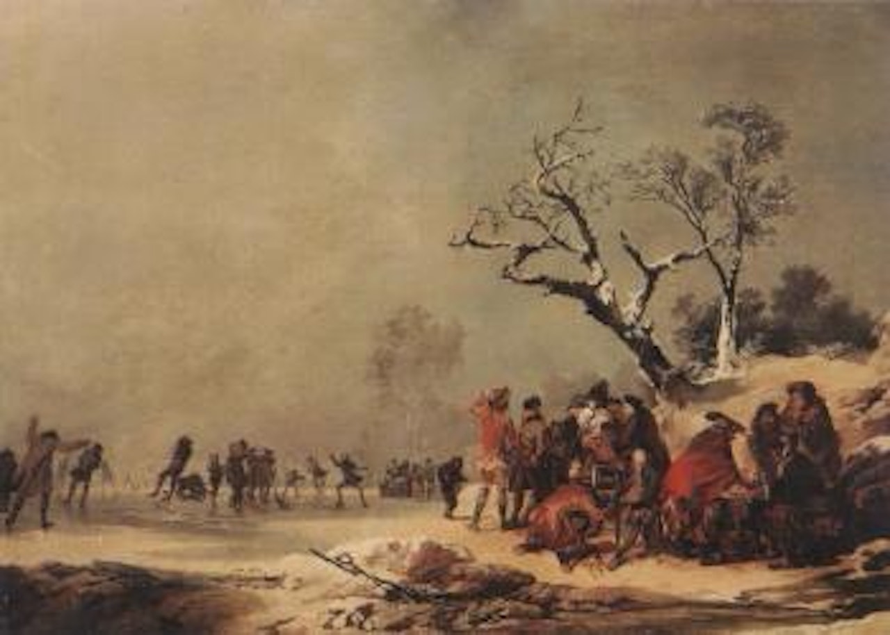 Skaters on frozen lake, figures on land by English School
