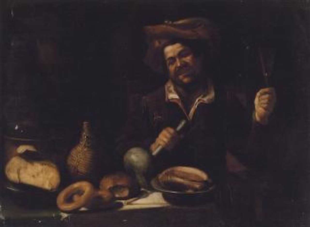 Gentleman drinking wine at a table full of food by Italian School