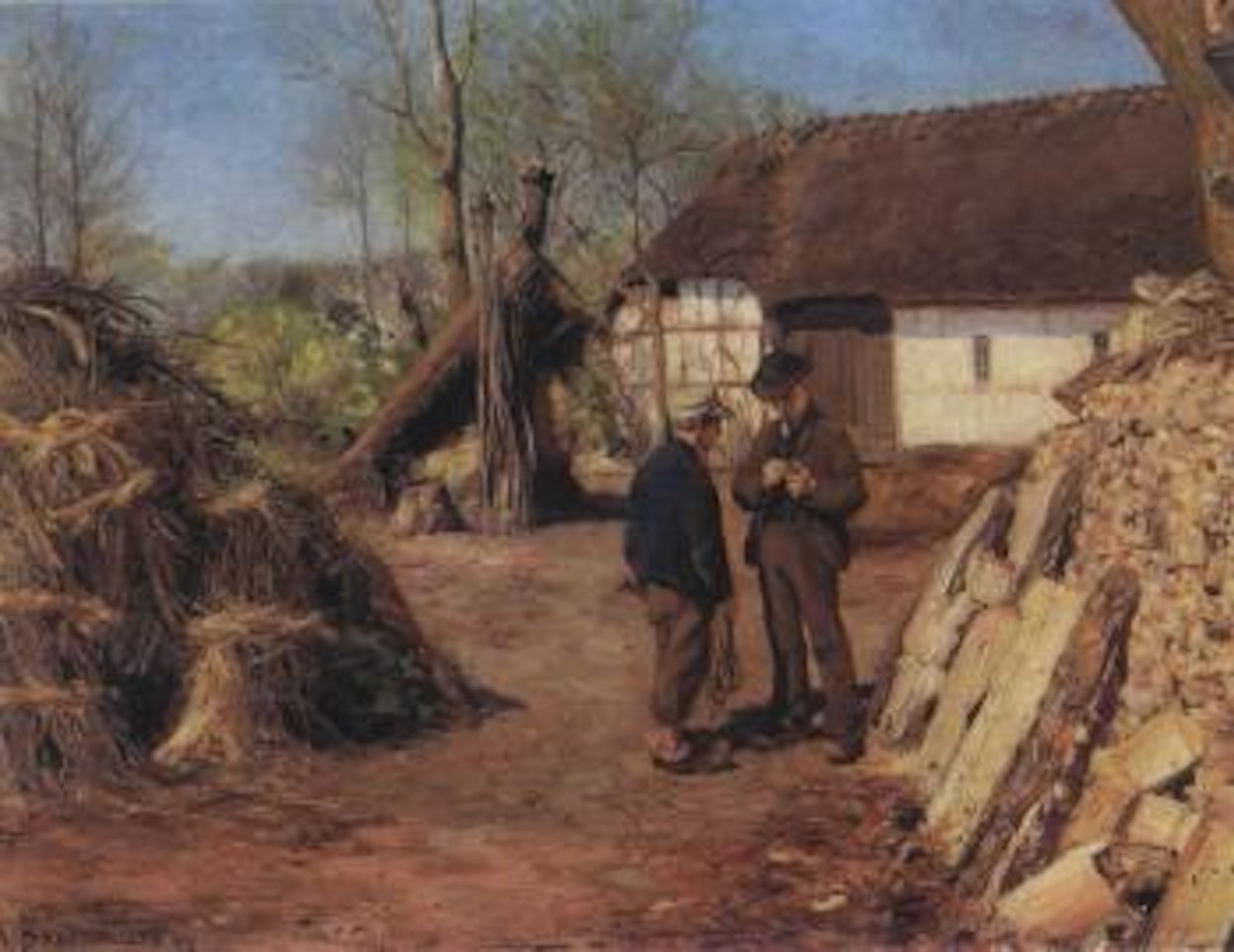 Two young farmers' sons talking in the farmyard by Hans Andersen Brendekilde