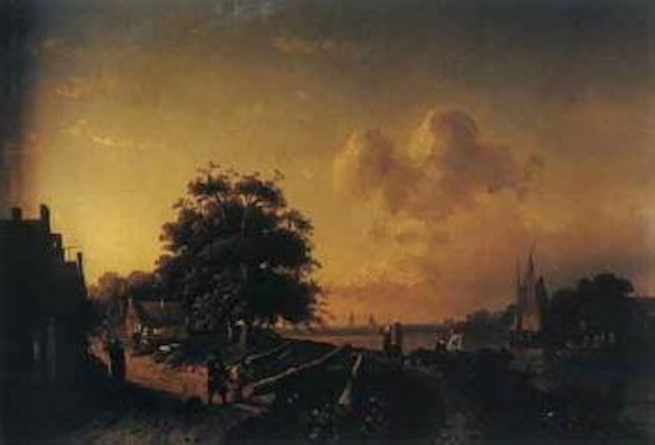 Dutch canal landscape with boats and figures by Dutch School
