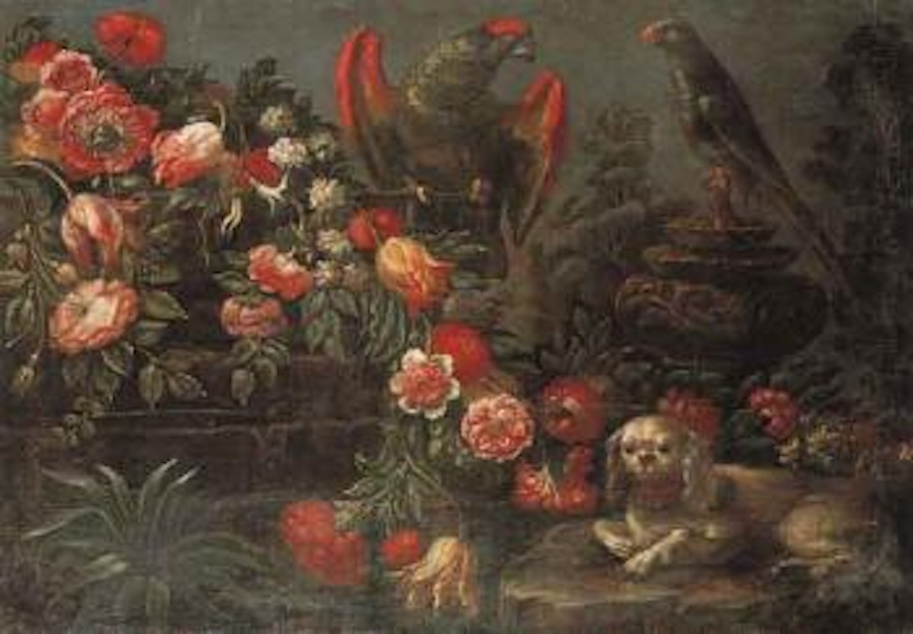 Still life of flowers with budgies and dog by Roman School