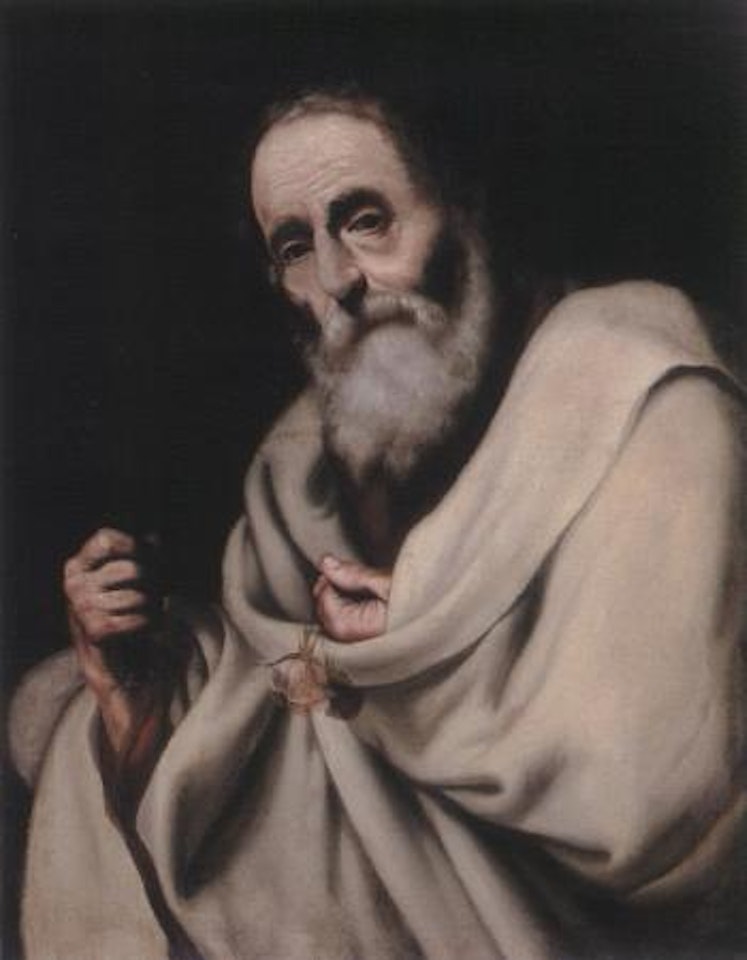 A saint holding a rose and crucifix by Jusepe de Ribera