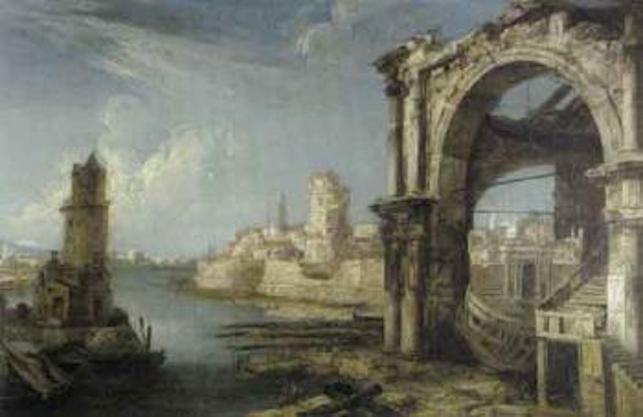 Capriccio with a boatframe within an arch with a river and town beyond by Venetian School
