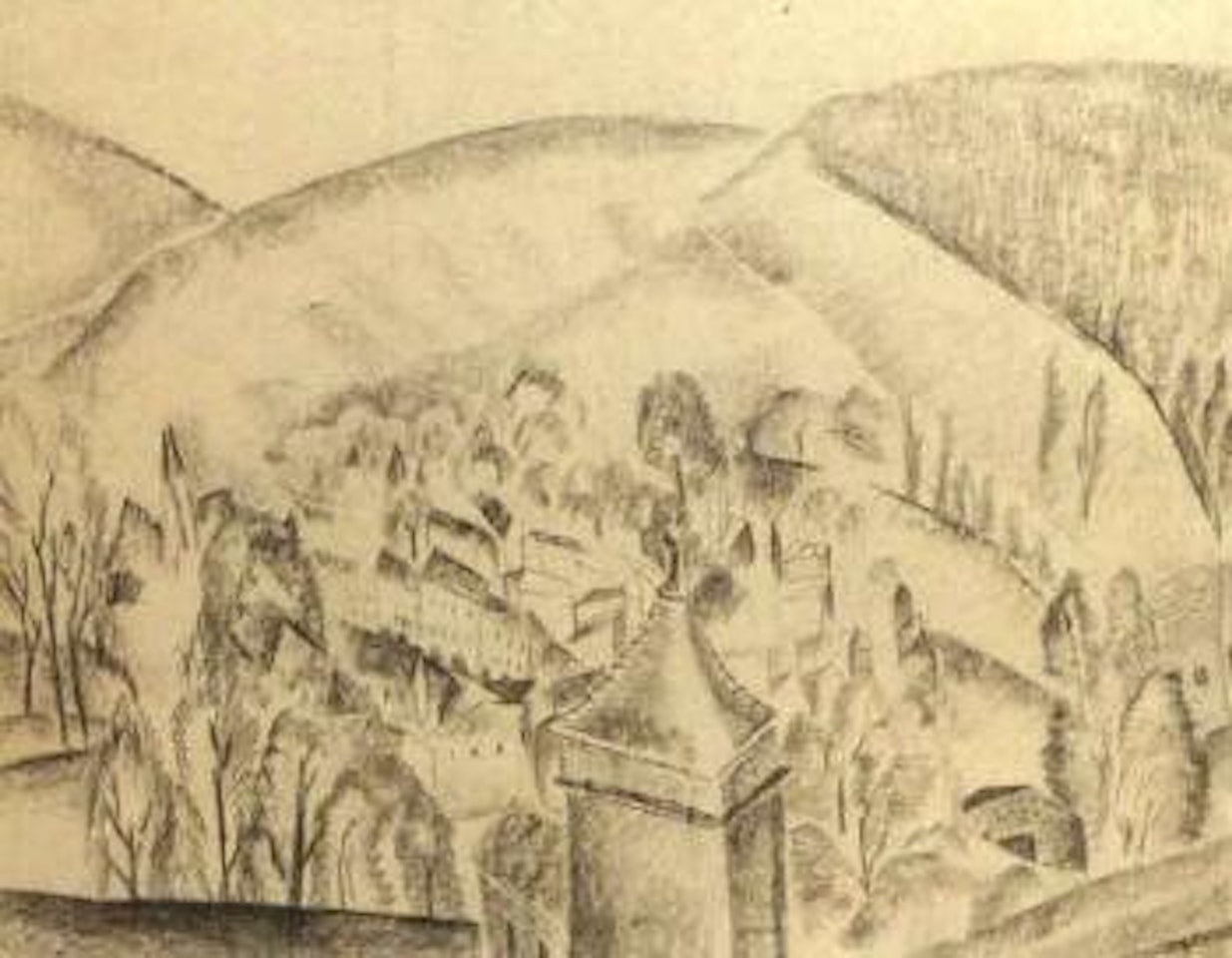 Village vu des remparts d'un chateau by Ossip Zadkine