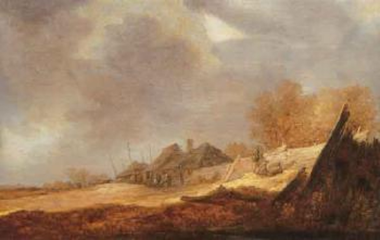 Dune landscape with peasants conversing by a fence, farm beyond by Jan van Goyen