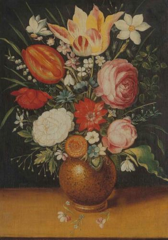 Iris, tulips, a peony and other flowers in a vase with a snail on a ledge by Jan Brueghel the Younger