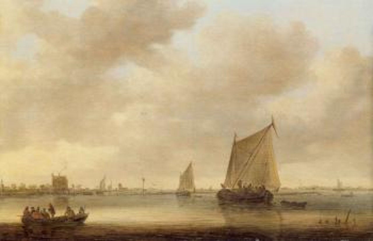 Shipping on the Kil, near Dordrecht, with Qude Wachthuis and the Grote Kerk beyond by Jan van Goyen
