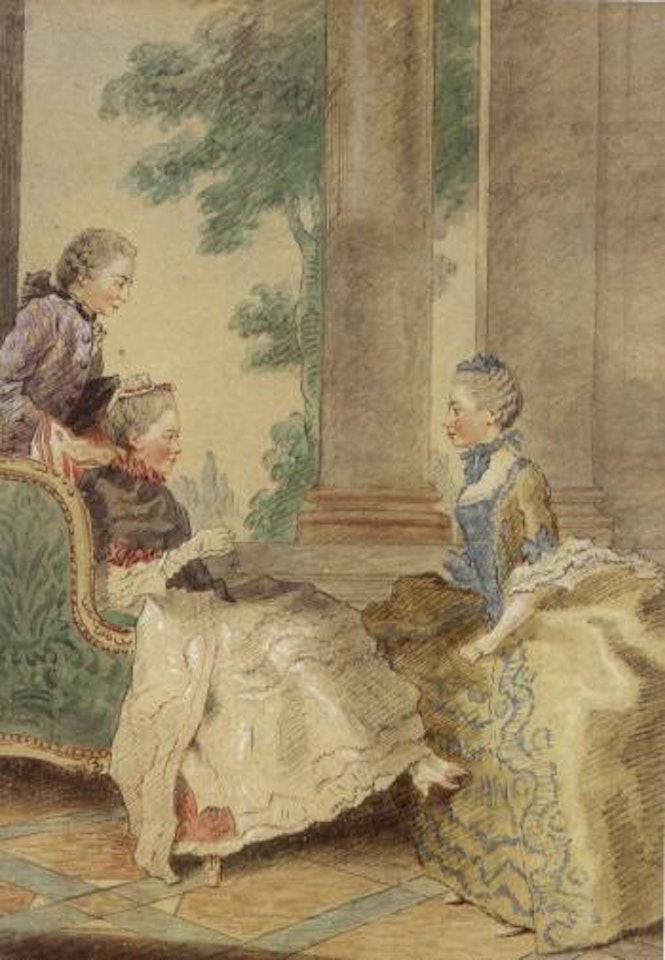Portrait of Beatrix de Choiseul-Stainville, Duchesse de Gramont, seated on a canape, with her sister by Louis Carrogis Carmontelle