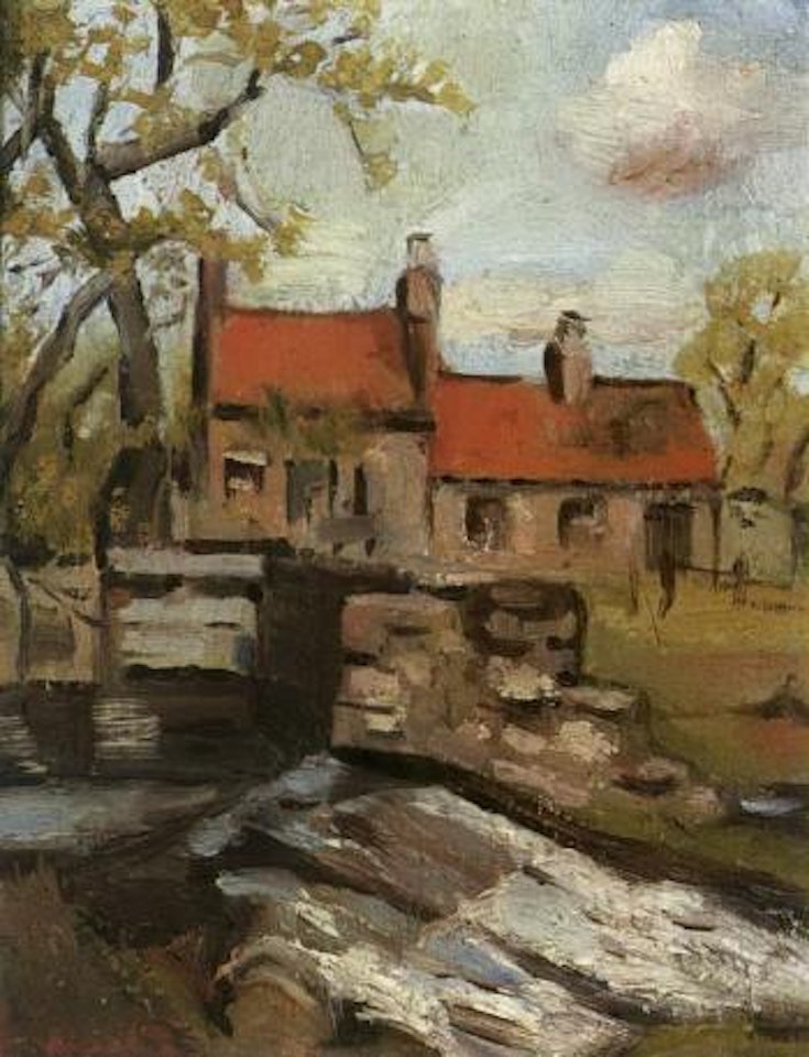 Red roofs by a weir by George Leslie Hunter