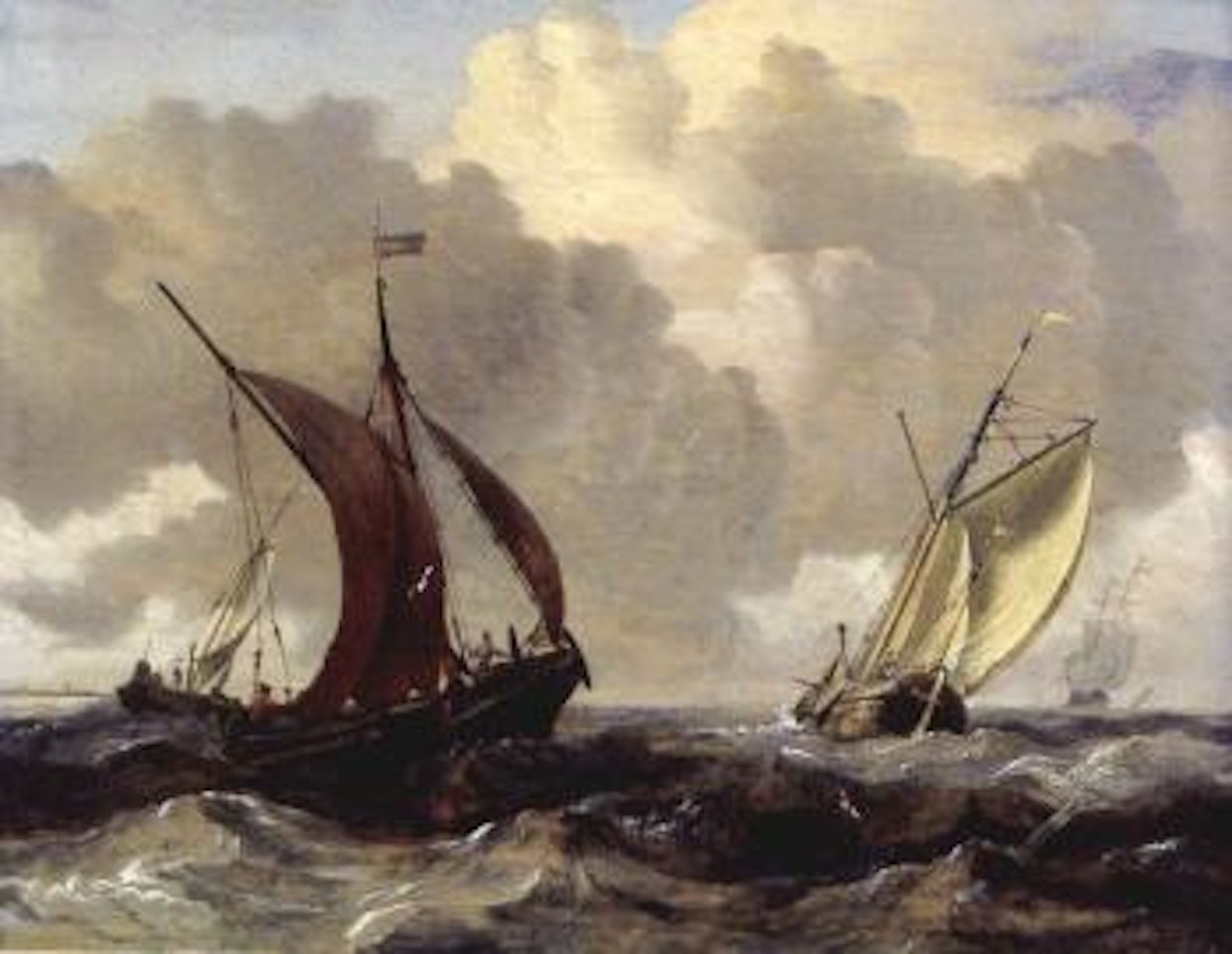 Waterschip, a boeier a and galijoot in a stiff breeze. Wijidschip, a weyschuit and wherry by Abraham Storck